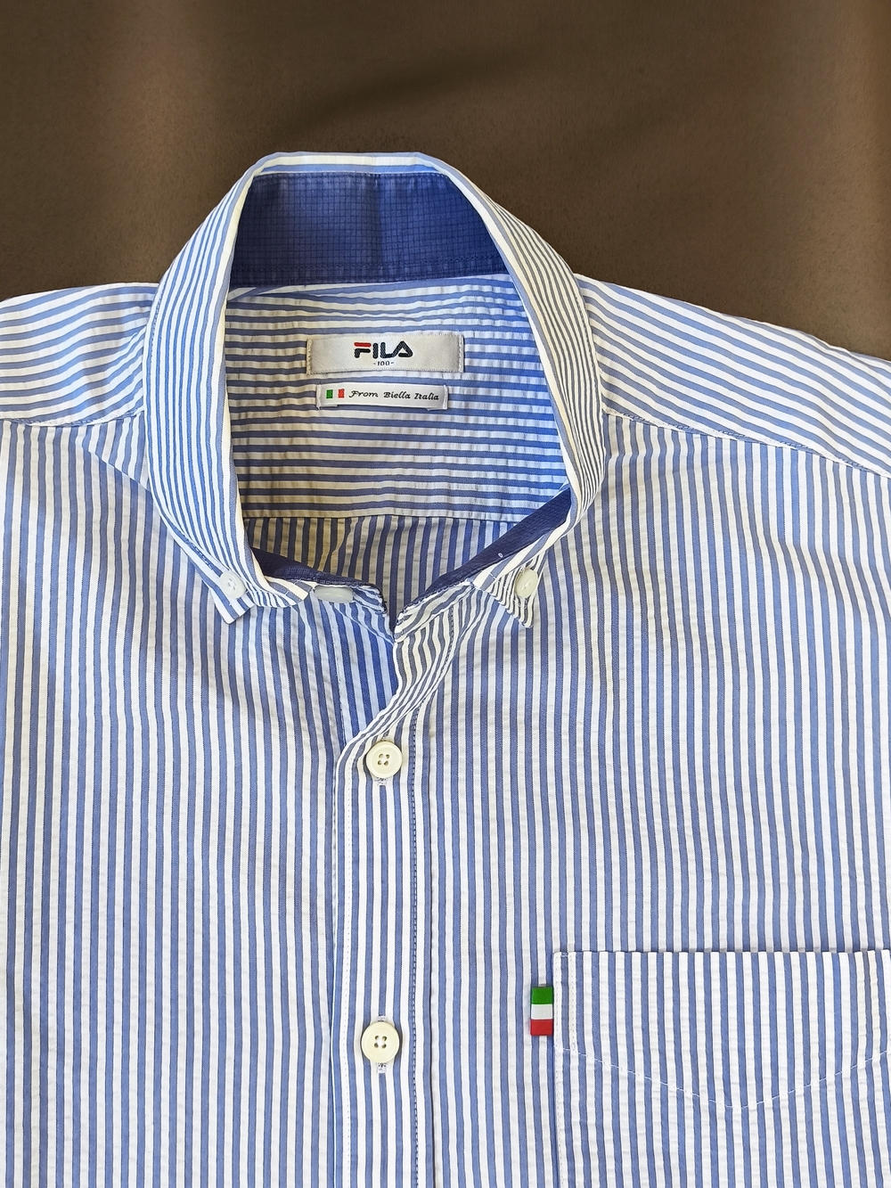 Fila Seersucker Men’s Blue & White Striped Button-Down Short Sleeve Shirt